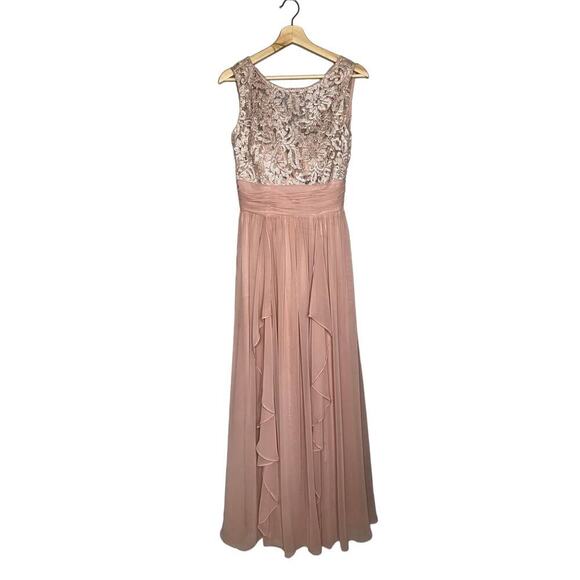 Eliza J Lace Bodice Chiffon Ruffle Tiered Maxi Gown in Blush Pink Size 4 - Picture 2 of 12